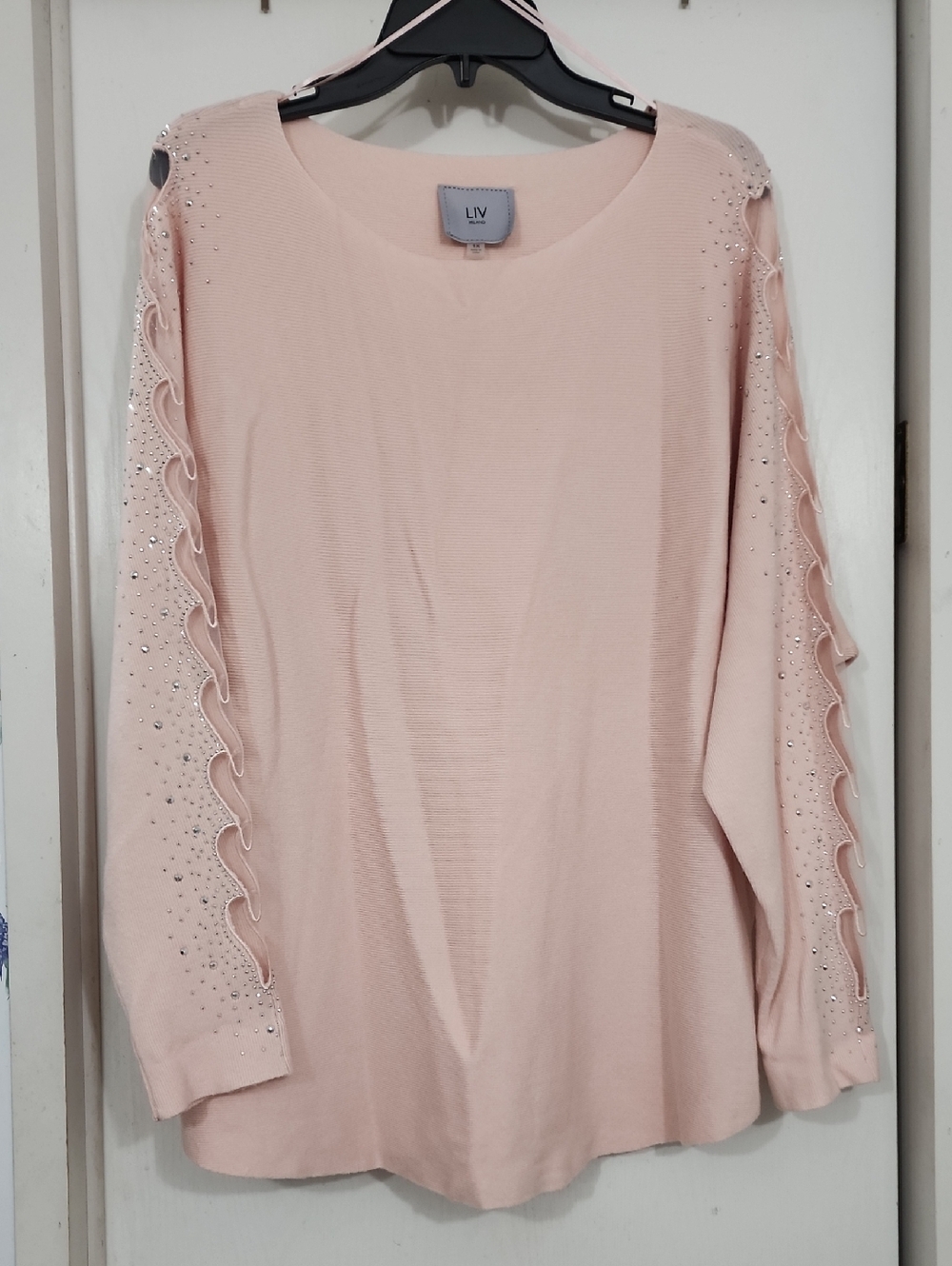 Milano Blush Pink Rhinestone Ruffle Sleeve Sweatshirt